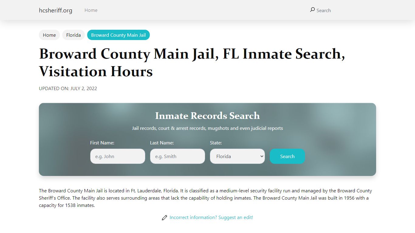Broward County Main Jail, FL Inmate Search, Visitation Hours